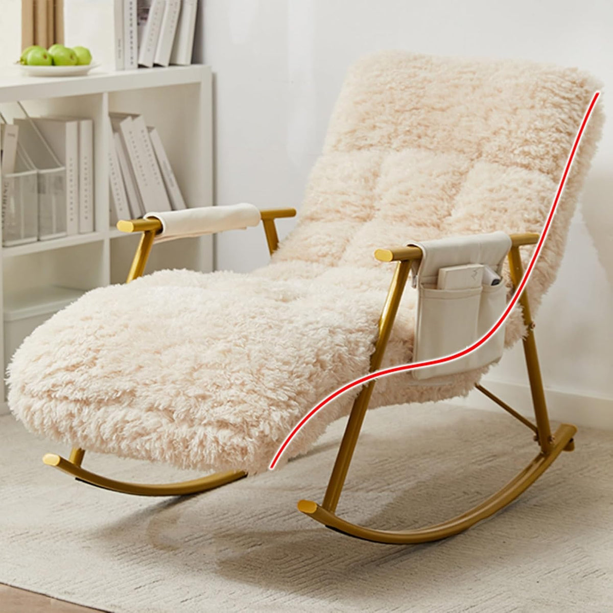 Sedia a dondolo YVYKFZD, 96 × 60 × 56 cm, metallo, velluto, Beige, regolabile, con poggiatesta, con braccioli, imbottita