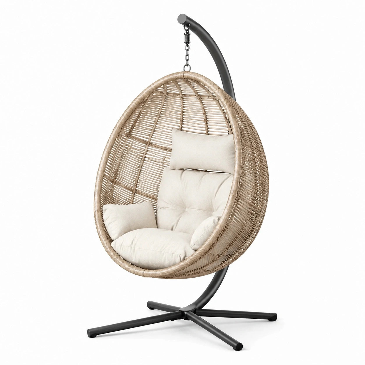 Sedia sospesa ovale in rattan sintetico con cuscini beige