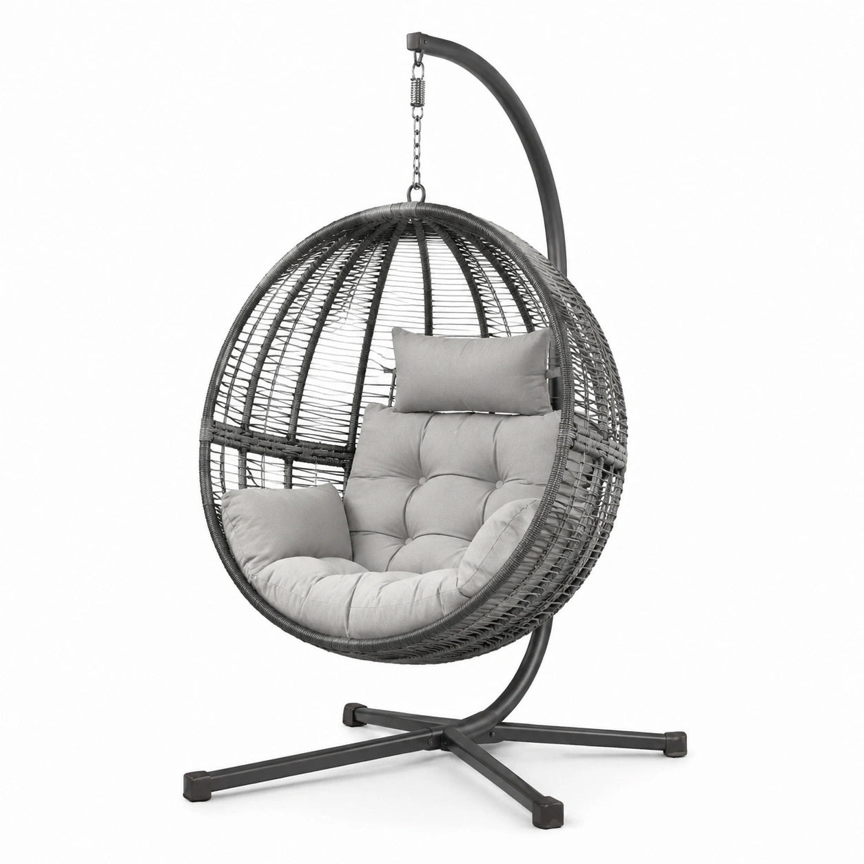 Sedia sospesa in rattan con cuscini in poliestere e struttura in metallo