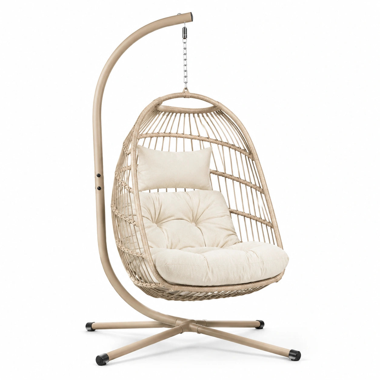 Poltrona sospesa in rattan sintetico con cuscini in poliestere, struttura in acciaio, crema