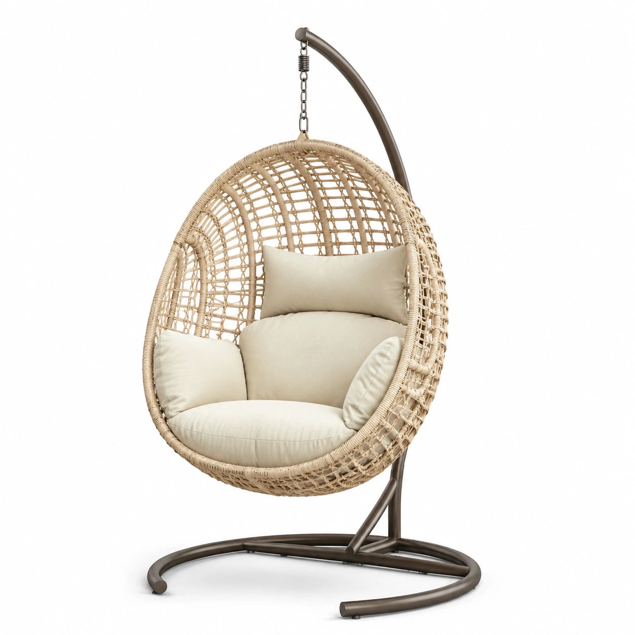 Sedia Sospesa in Rattan con Cuscini Crema e Supporto in Metallo