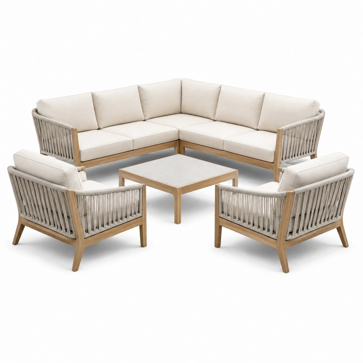 Set salotto da giardino in legno con tessuto color crema