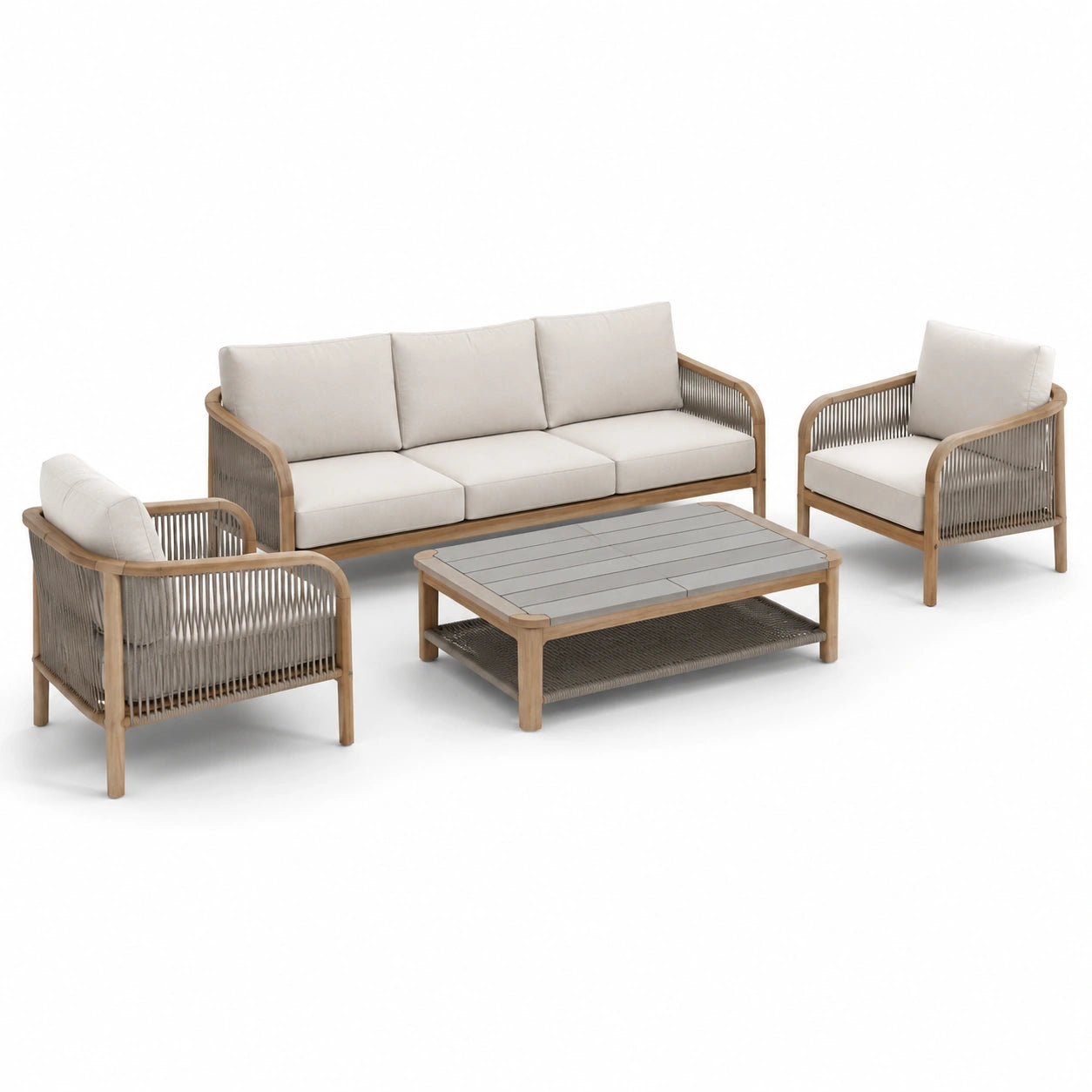 Set da salotto da esterno in teak e corda di poliestere 4 pezzi beige/marrone