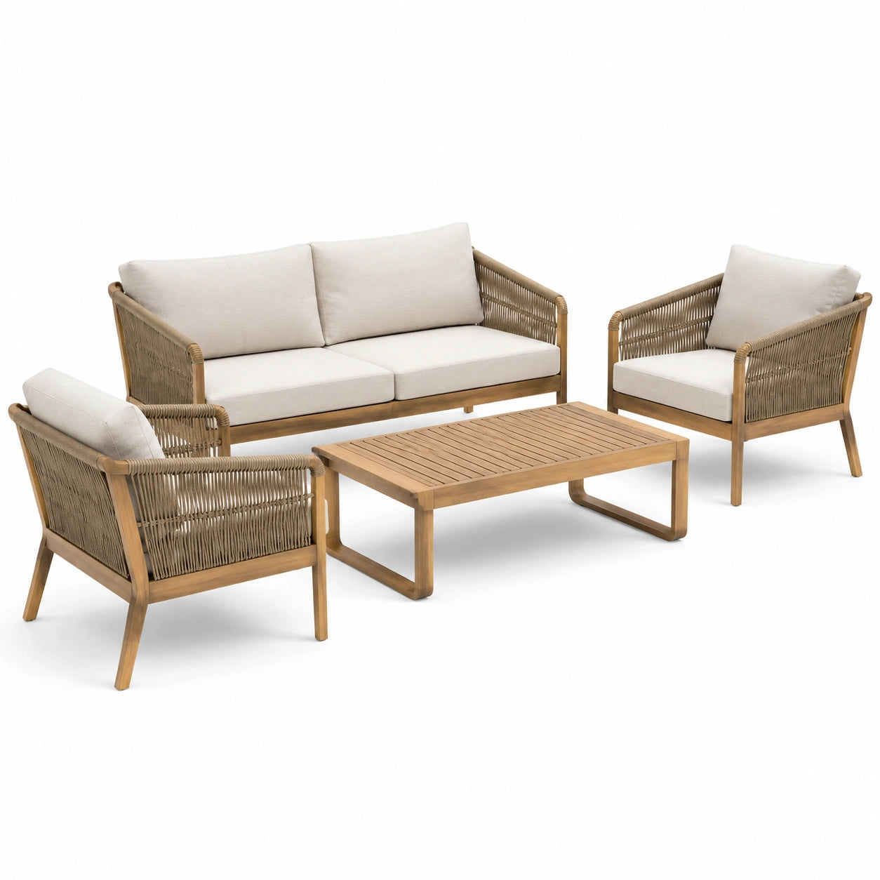 Set da salotto da esterno in legno con cuscini beige