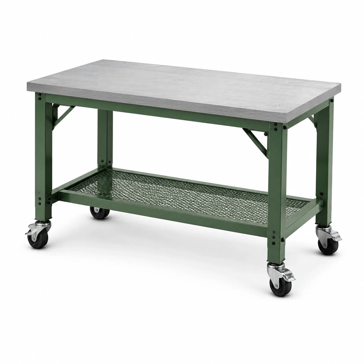 Banco da lavoro in metallo con piano in laminato con ruote verde