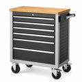 Carrello portautensili in metallo nero con piano in legno e 7 cassetti