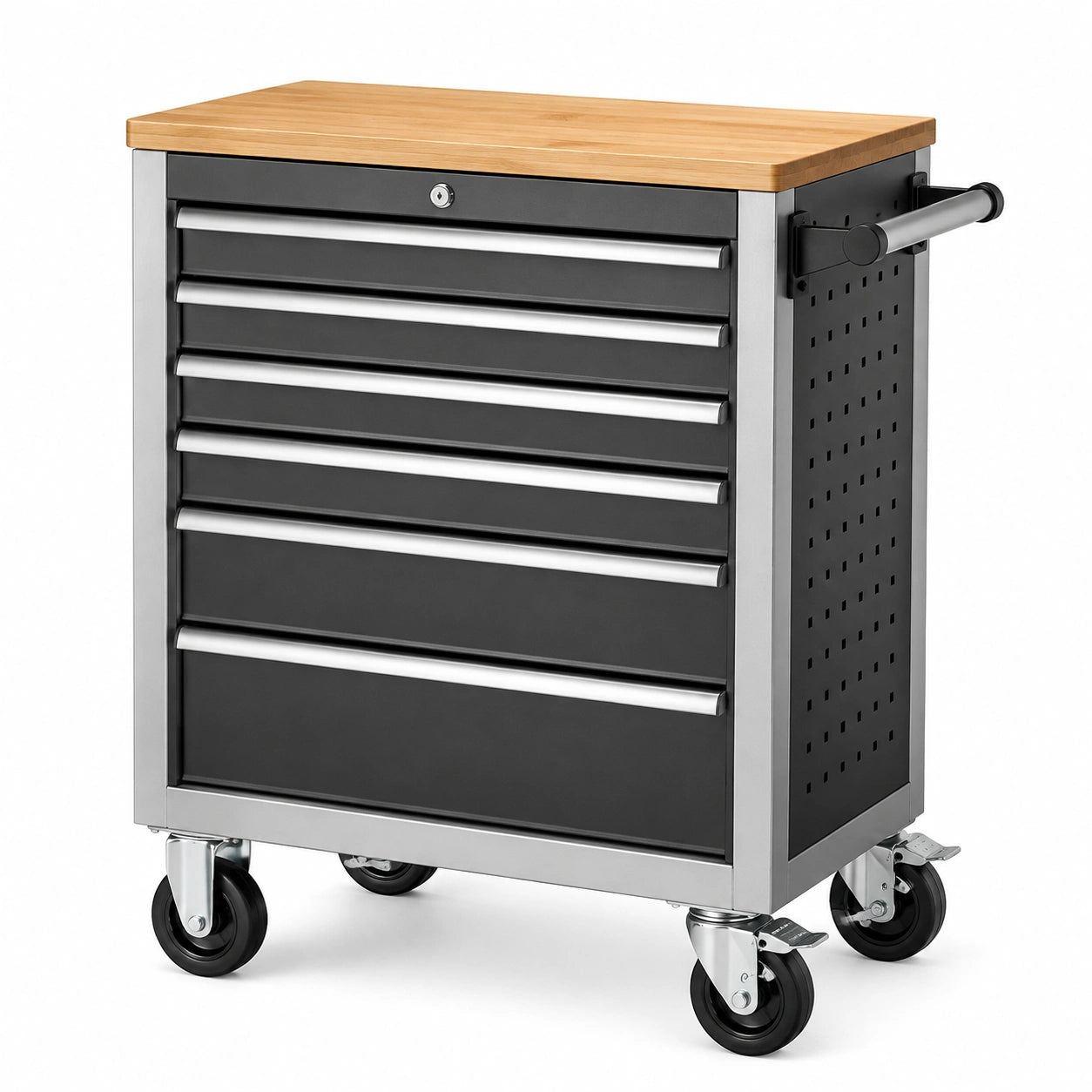 Carrello portautensili in metallo nero con piano in legno e 7 cassetti