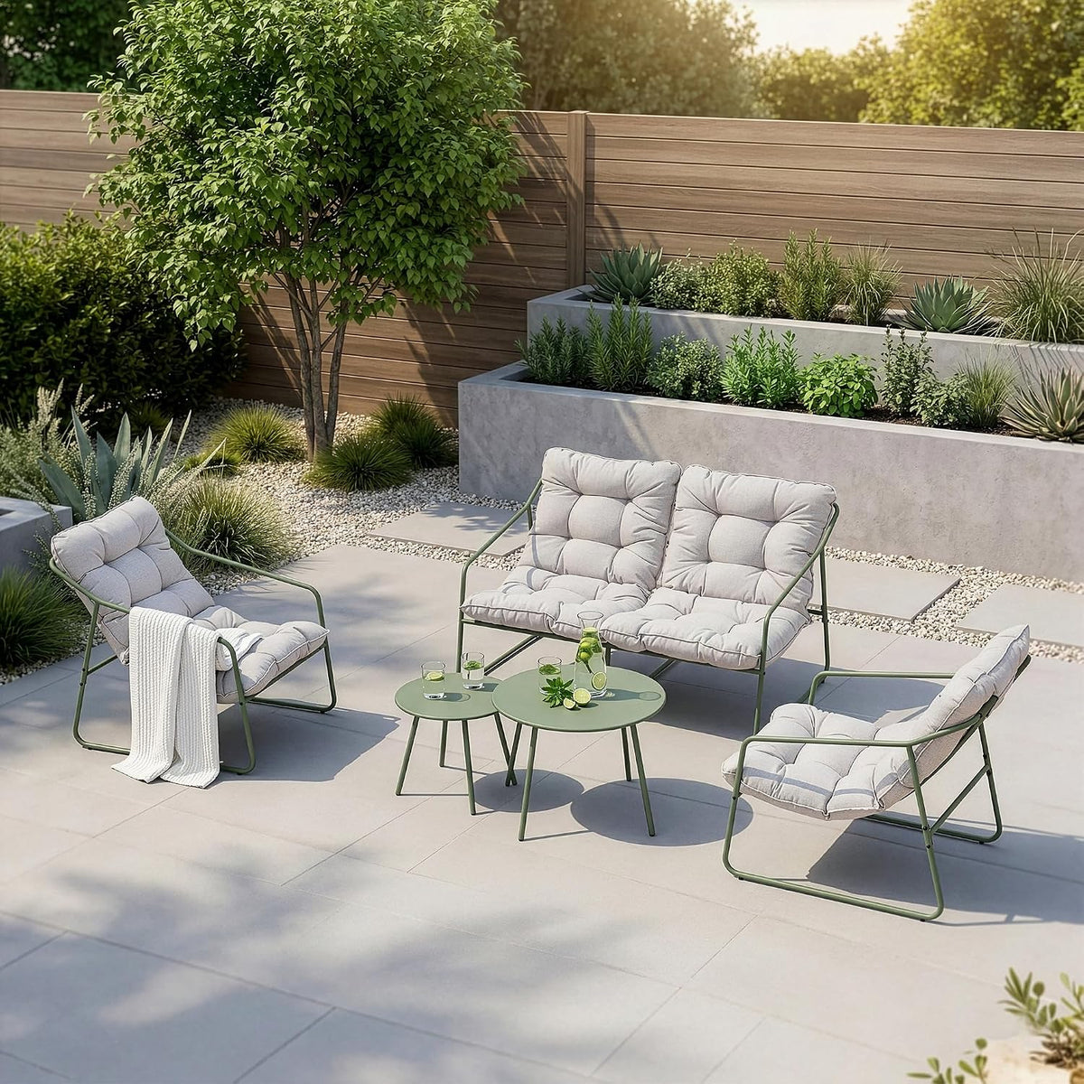 Set di mobili da giardino en.casa, acciaio, tessuto, Verde, per giardino e terrazzo