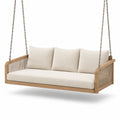 Dondolo da veranda in legno di teak con cuscini in tessuto beige