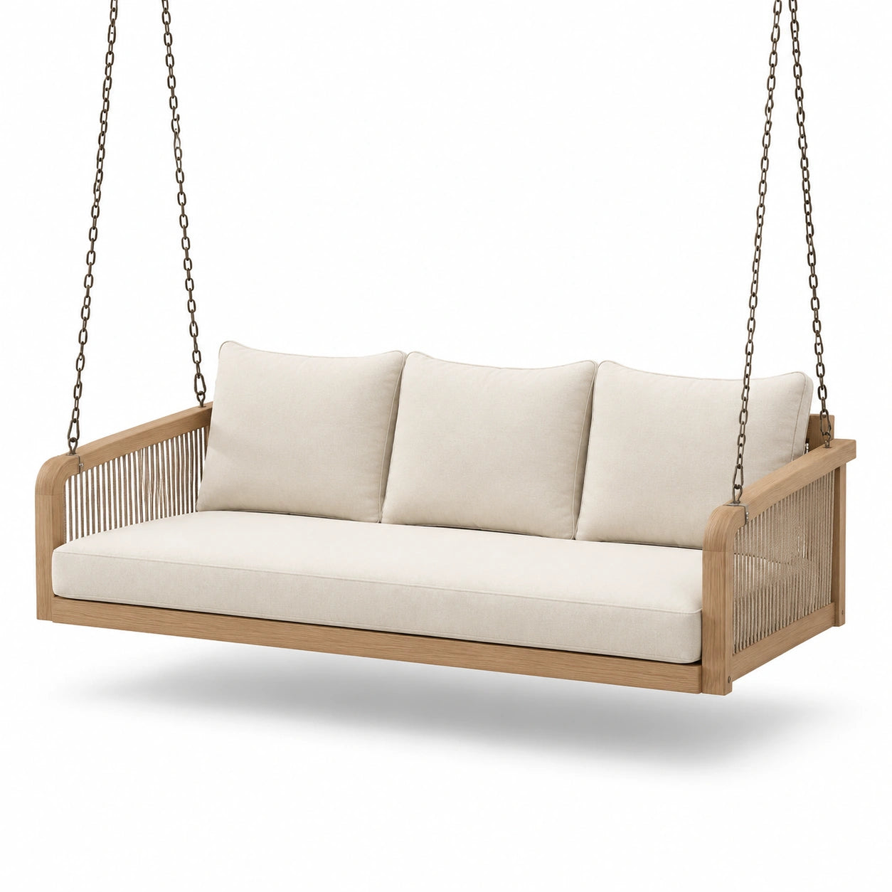 Dondolo da veranda in legno di teak con cuscini in tessuto beige