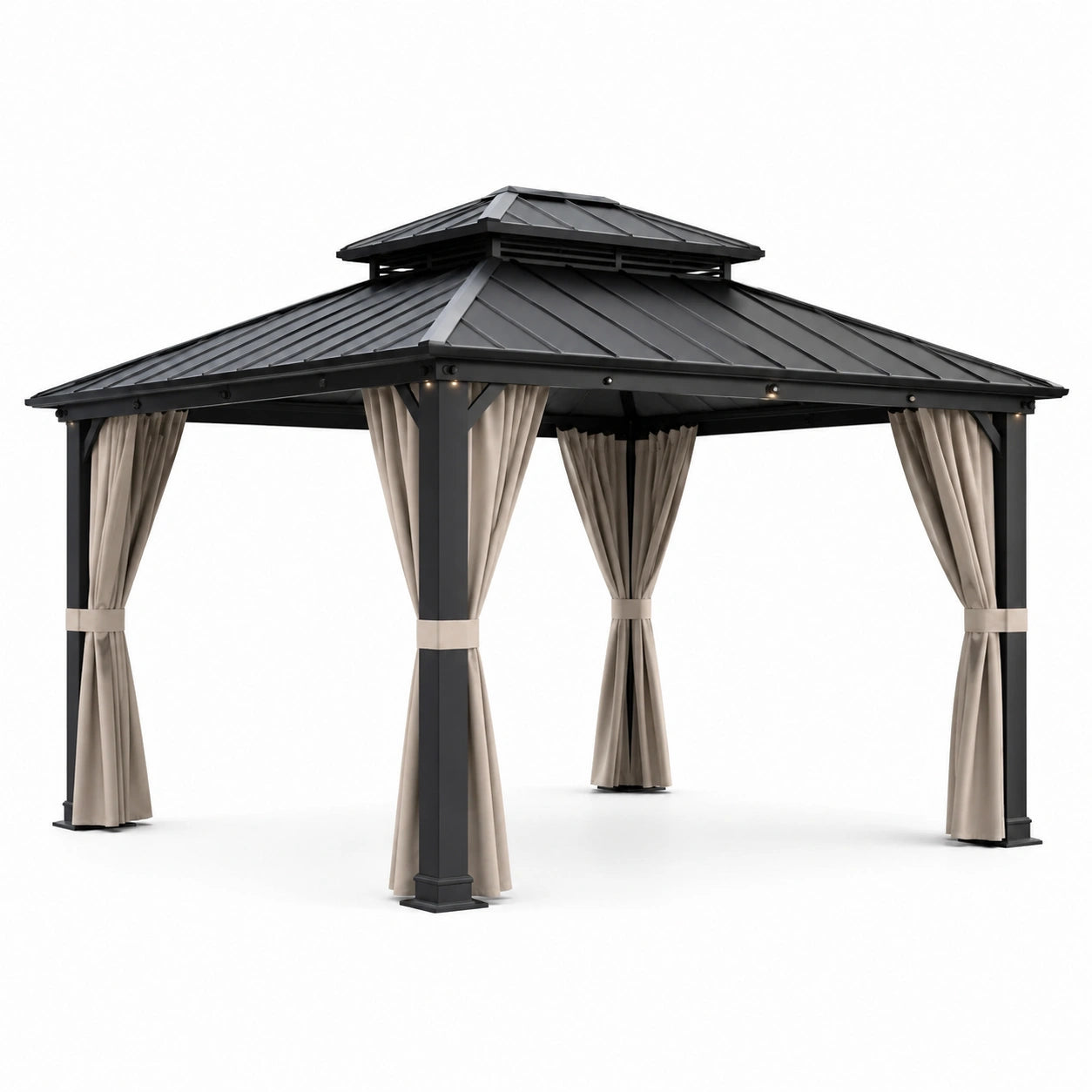 Gazebo da giardino in metallo con tetto in acciaio e tende in tessuto beige