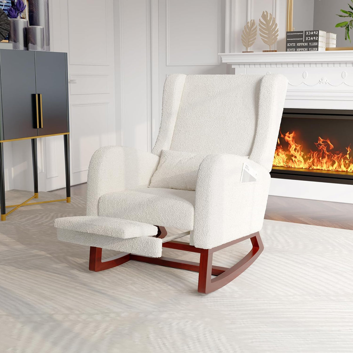 Poltrona a dondolo CXHLXYR, con cuscino, con poggiapiedi, Grigio/Bianco, legno massello, per soggiorno