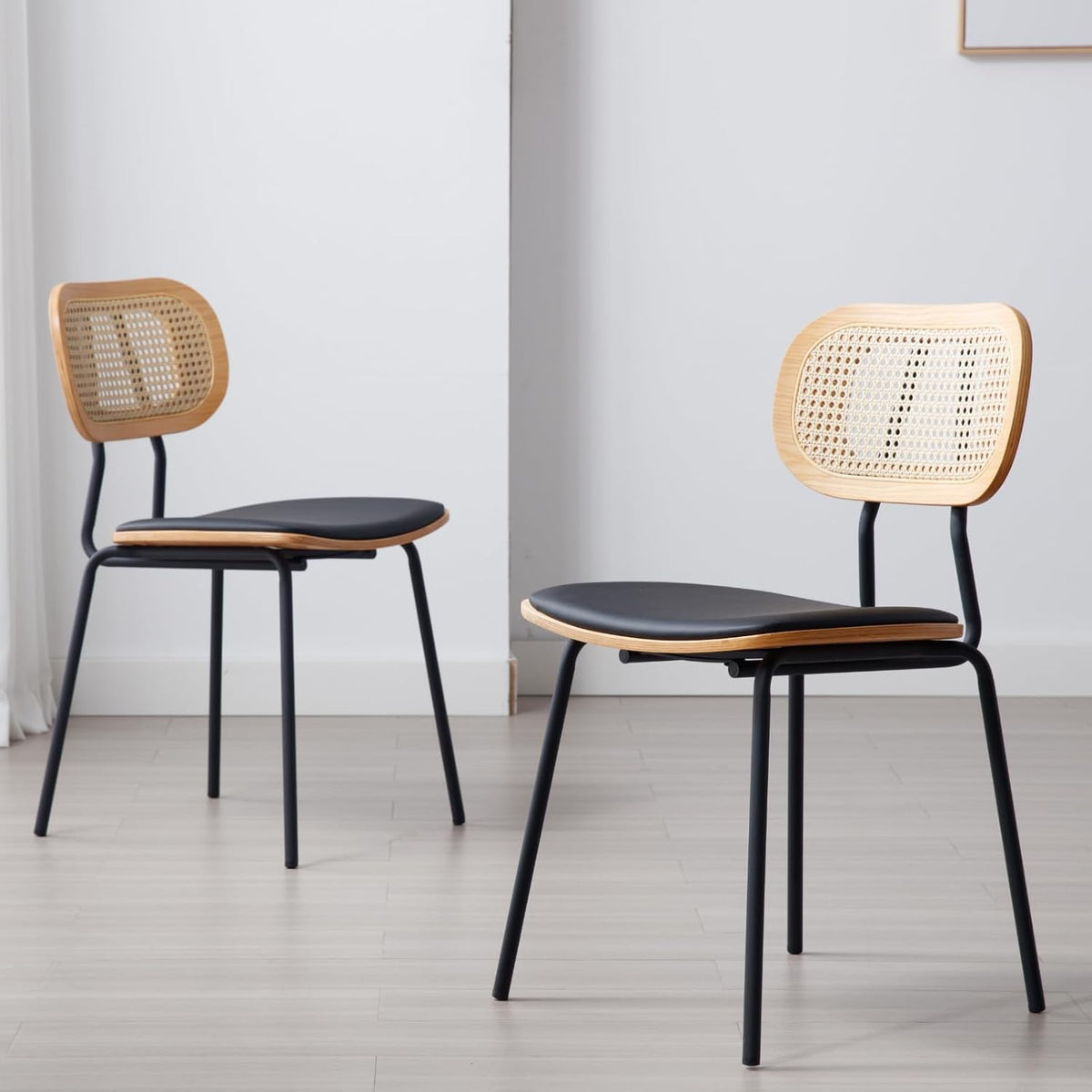 Sedia Ya-Home, 2 sedie, metallo, rattan, Nero, imbottita
