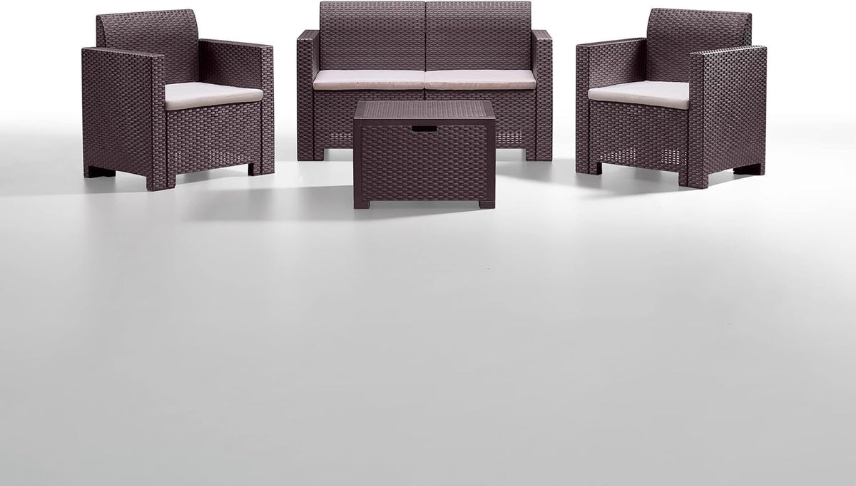 Set di mobili da giardino, 2 poltrone, Marrone, rattan, con cuscini, per giardino e terrazzo