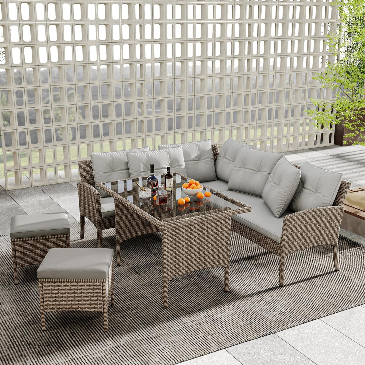 Set da pranzo da giardino Gelukueub, rattan, tessuto, Kaki, per giardino e terrazzo
