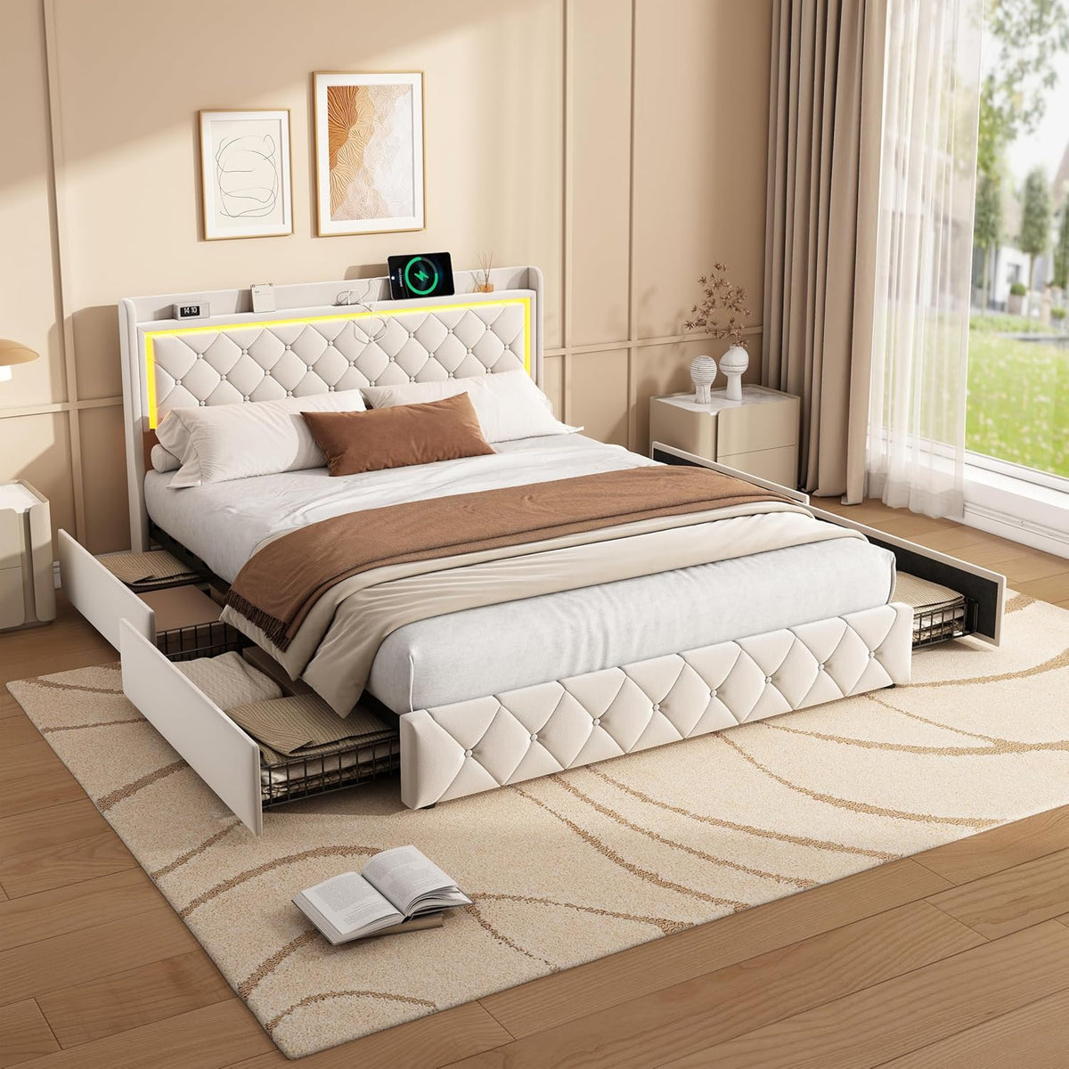 BRILVERDE Letto, 4 cassetti, matrimoniale, 140 × 190 cm, Beige, velluto, con rete a doghe, con porta USB, imbottito, per camera da letto