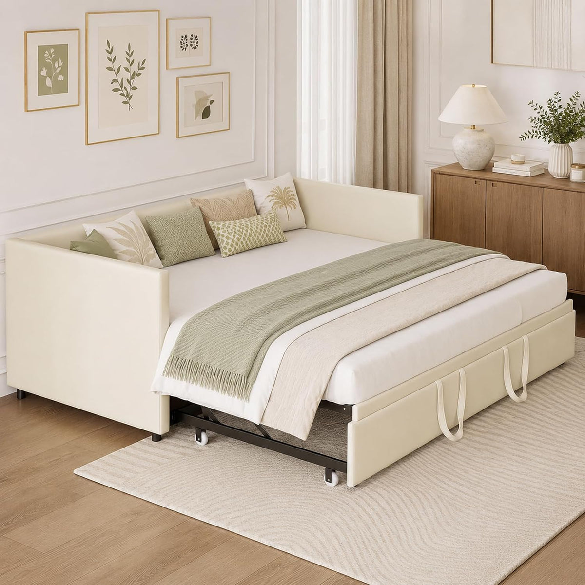Divano letto LKPOMI, singolo, matrimoniale, 213 × 99 × 74 cm, velluto, Beige, con funzione letto, con braccioli, con rete a doghe, imbottito
