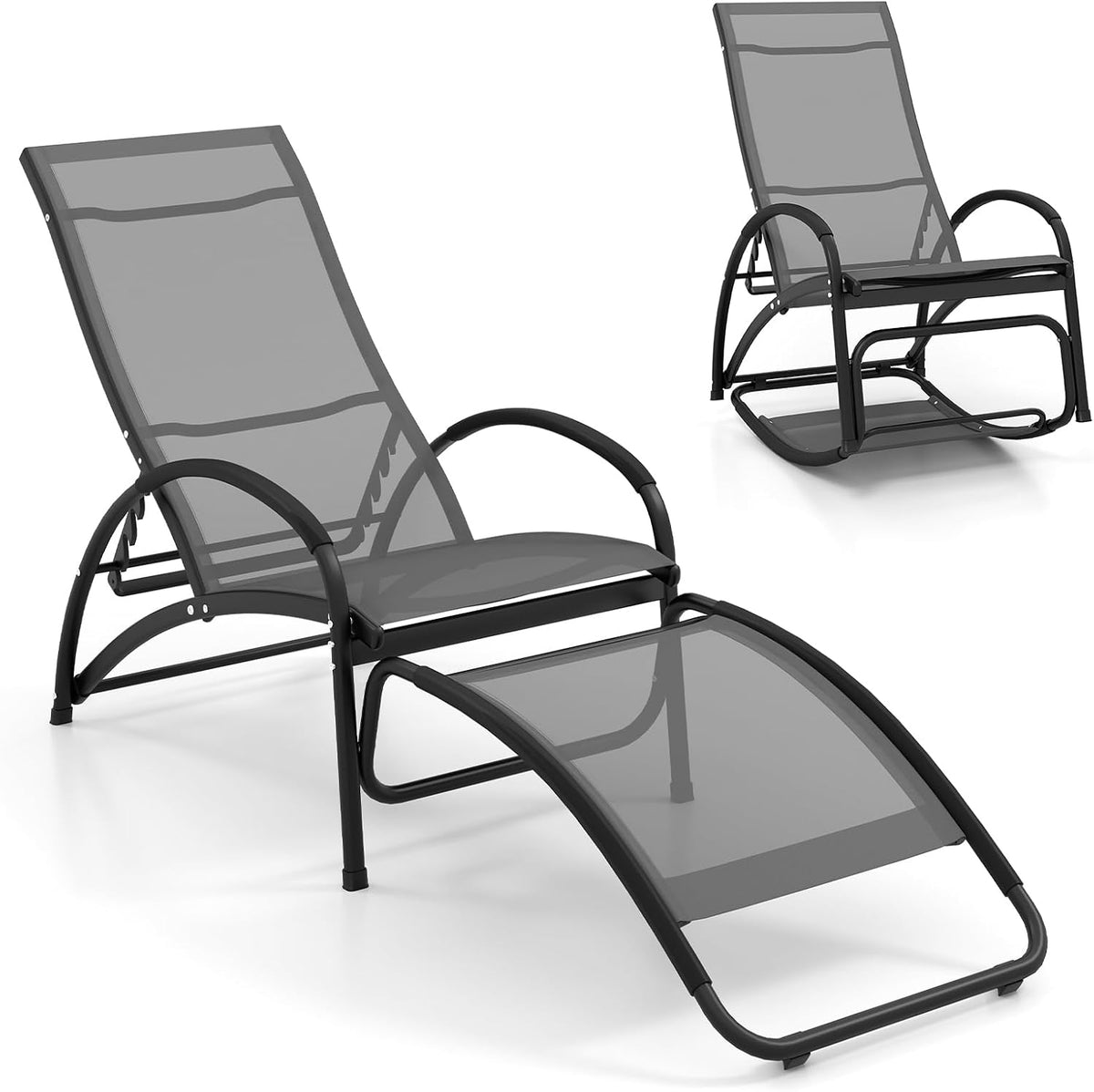 Sedia a dondolo COSTWAY, 2 in 1, alluminio, Grigio, trasformabile, regolabile, con braccioli, per giardino e terrazzo