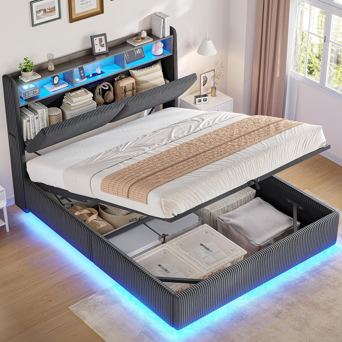 AOGLLATI Letto, matrimoniale, 140 × 190 cm, velluto, con contenitore, per camera da letto