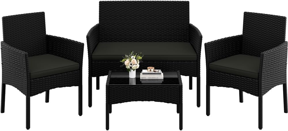 Set da pranzo da giardino Yaheetech, 4 pezzi, 2 posti, 2 poltrone, rattan, Nero e grigio, per giardino e terrazzo