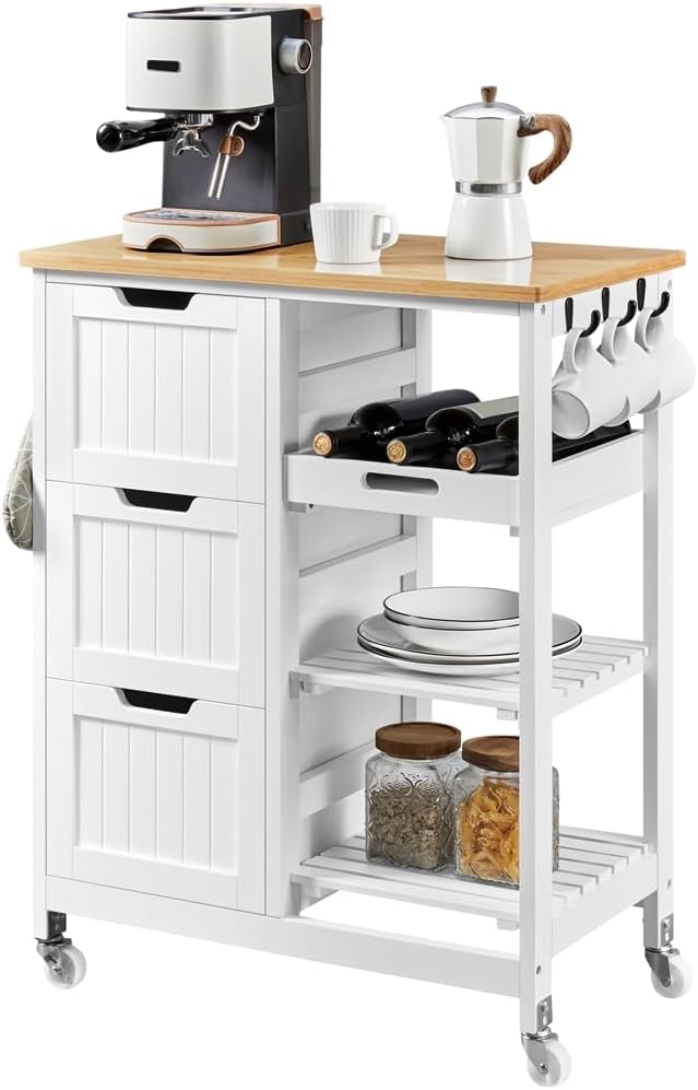 Carrello da cucina Yaheetech, 3 cassetti, 3 ripiani, 67 × 37 × 84,5 cm, con ruote, per sala da pranzo e cucina