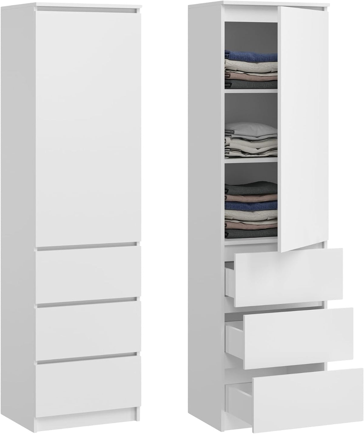 Armadio guardaroba Home Collective, 3 ripiani, 3 cassetti, 40 × 50 × 180 cm, legno, Bianco, con contenitore, per camera da letto