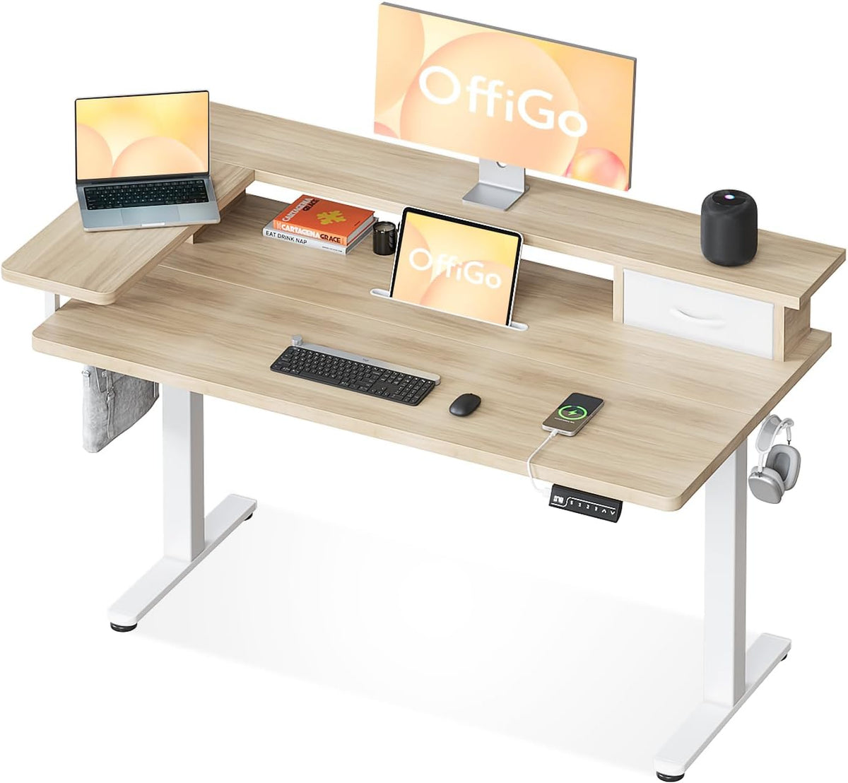 Scrivania OffiGo, 120 × 60 cm, legno, tessuto, Beige, elettrica, regolabile, con porta USB, per ufficio