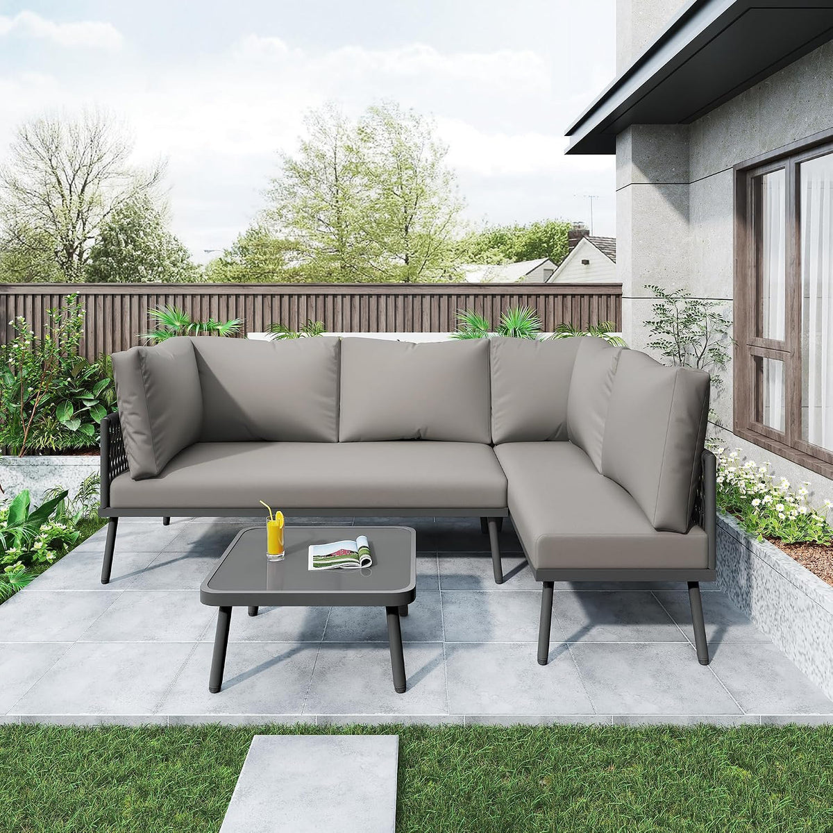 Set da pranzo da giardino Idemon HW24007, 2 divani, 120 × 60 × 72 cm, 53 × 53 × 36 cm, vetro temperato, Grigio, regolabile, per giardino e terrazzo