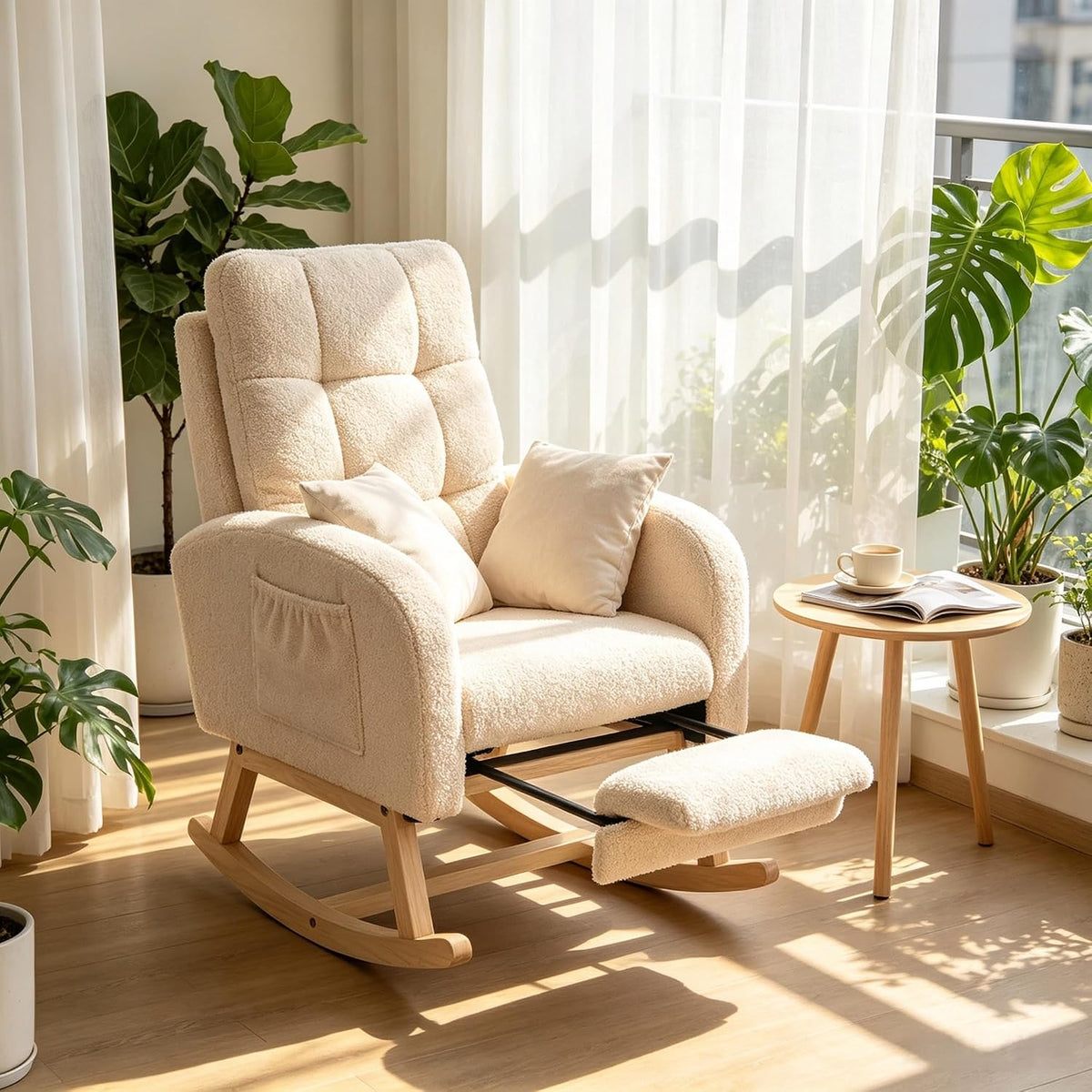 Poltrona a dondolo Calivra, Beige, legno, metallo, con poggiapiedi, per soggiorno