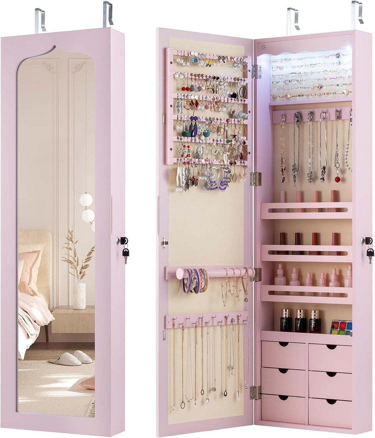Specchio COSTWAY, legno, MDF, Rosa, regolabile, con illuminazione LED