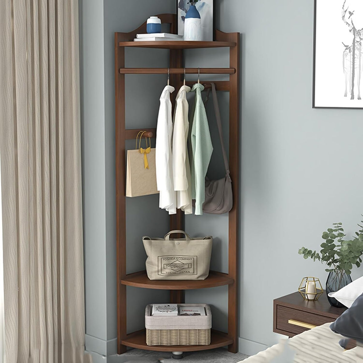 Appendiabiti Yclty, 3 ripiani, 40 × 40 × 180cm, legno, per camera da letto, Appendiabiti Angolare con Contenitore