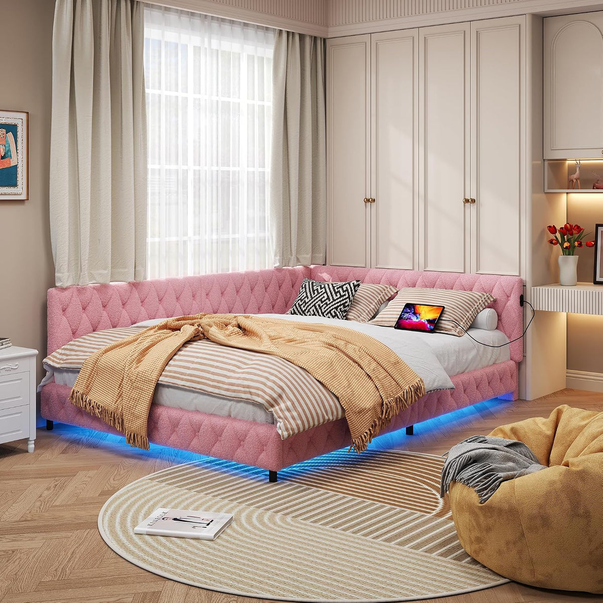 BRILVERDE Divano letto, 140 × 200 cm, Rosa, velluto, tessuto, imbottito, per soggiorno
