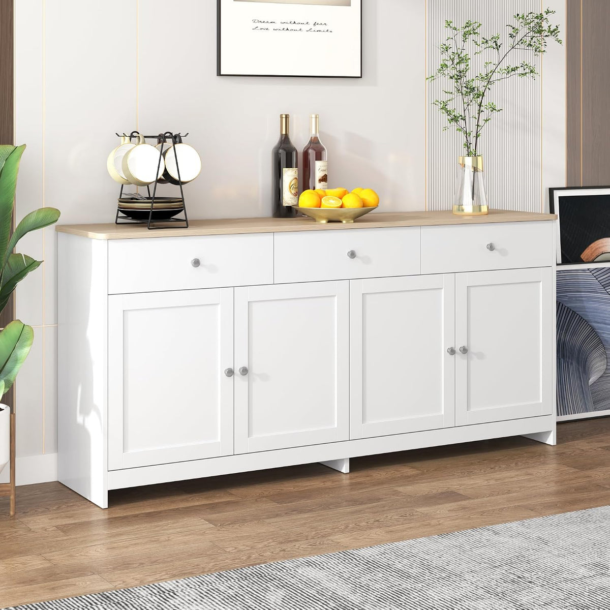 Credenza Ctastay, 4 ante, 3 cassetti, 160 X37 × 75 cm, legno, Bianco e naturale, regolabile, per soggiorno e camera da letto