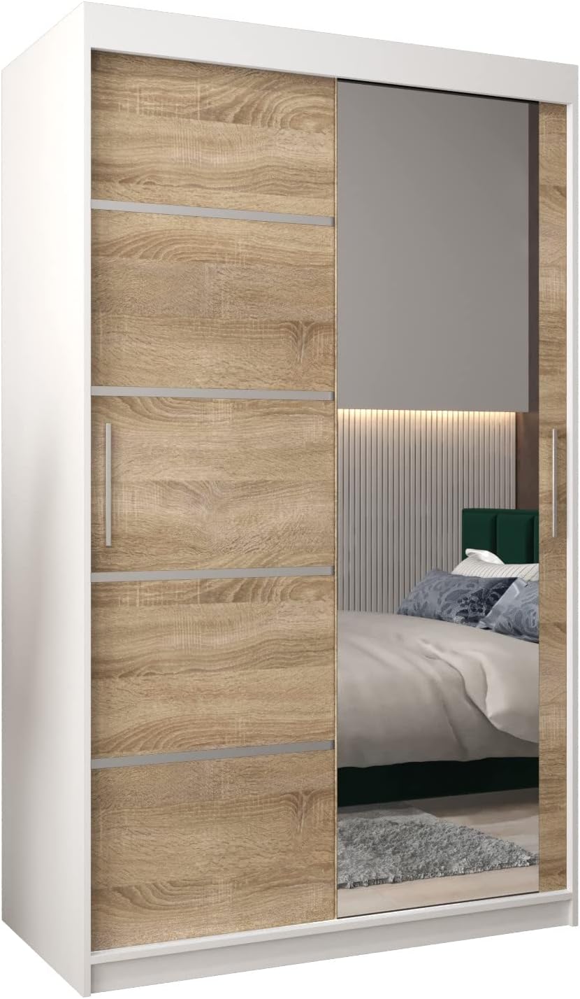Armadio, 200 × 62 cm, Bianco, con ante scorrevoli, per camera da letto, 120 cm, con asta appendiabiti a specchio e ripiani