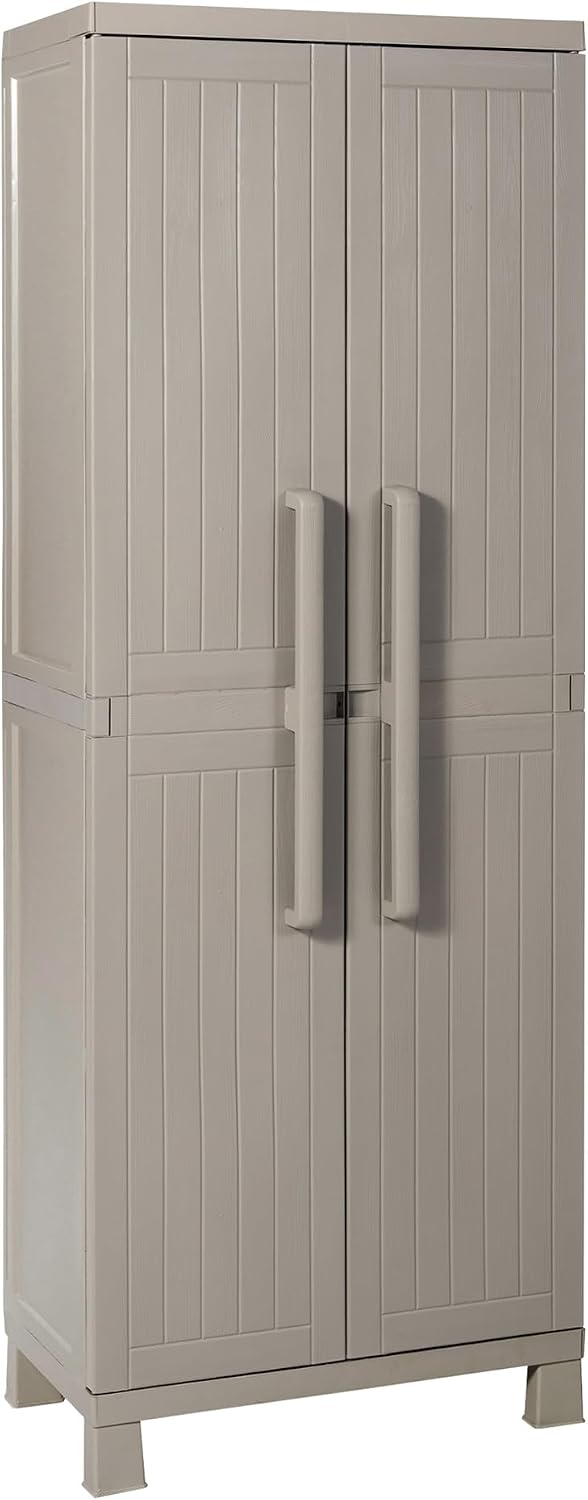 Armadio Toomax, 4 ripiani, 65 × 37 × 173 cm, legno, plastica, Tortora, regolabile, piedini e predisposizione per lucchetto