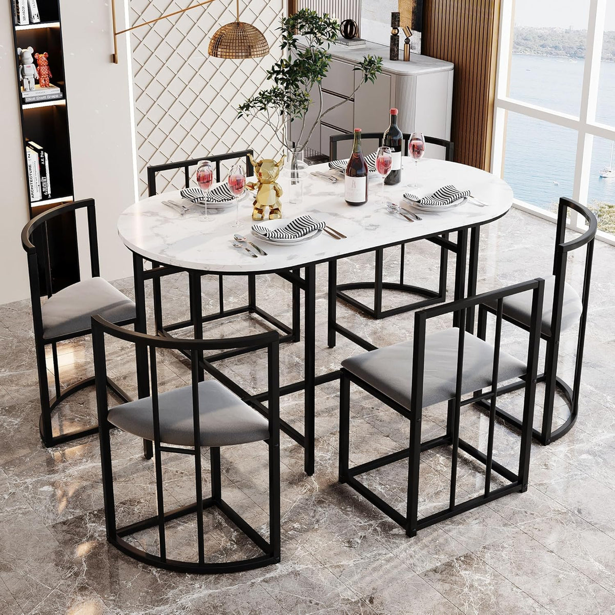Sedia Shye, 6 sedie, MDF, velluto, Nero, per sala da pranzo e cucina