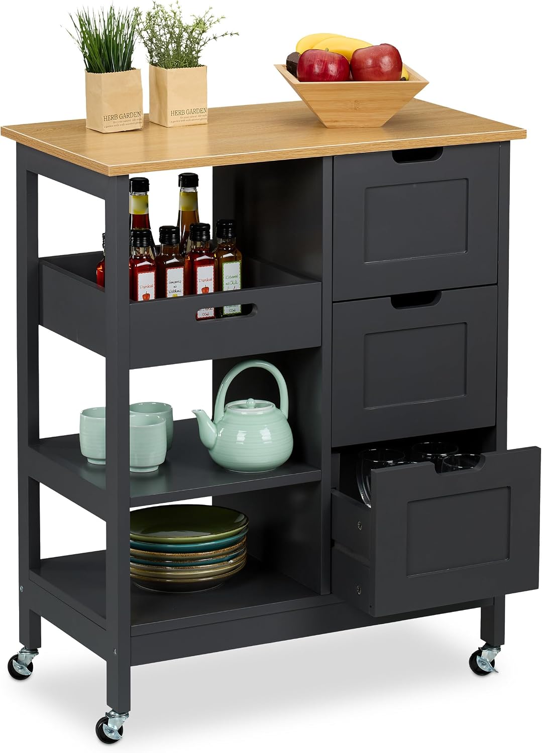 Carrello da cucina Relaxdays, 3 ripiani, 85 × 68,5 × 38,5 cm, legno, MDF, Grigio, con ruote, per sala da pranzo e cucina