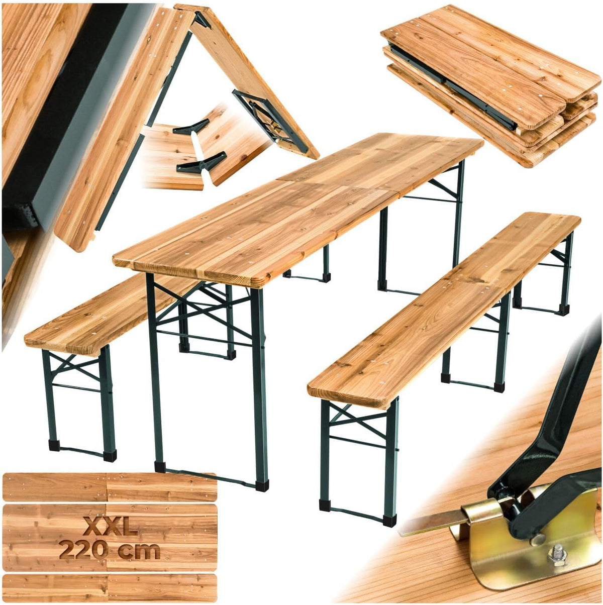 Set tavolo e panche tectake, set 3 pezzi, 220 × 50,5 × 77,5 cm, 220 × 25 × 47,5 cm, acciaio, pieghevole, per giardino e terrazzo