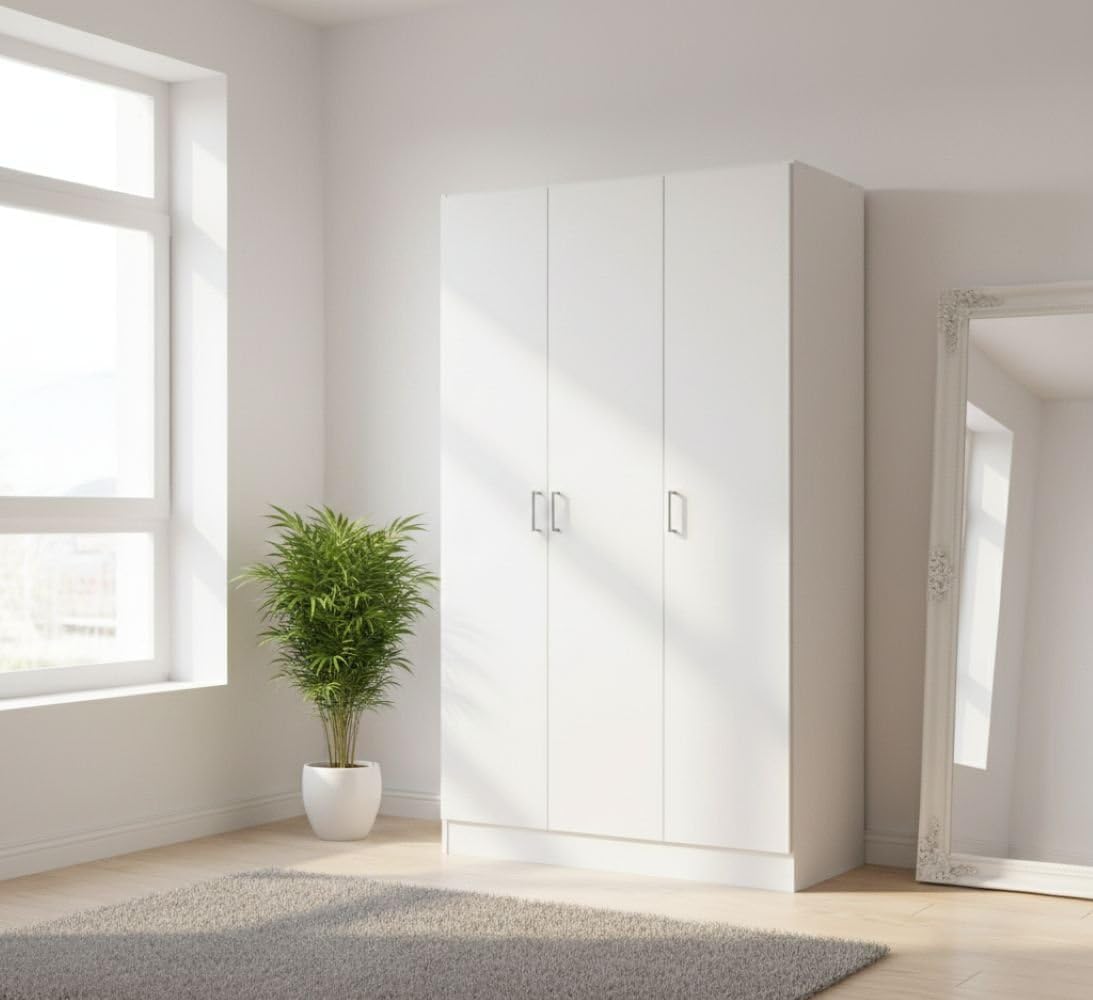 Armadio Dmora, 4 ripiani, 3 ante, 109 × 180 × 37 cm, legno, Bianco